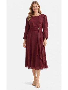 Size 6 Burgundy Midi Dress Corset Back Long Sleeve Formal Wedding